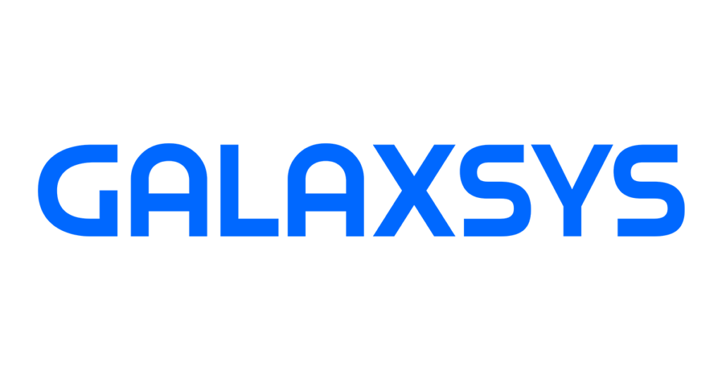 La imagen muestra la palabra "GALAXSYS" escrita en letras mayúsculas, azules y en negrita sobre un fondo transparente.