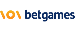 La imagen muestra el logotipo de BetGames. El logotipo presenta dos formas anaranjadas parecidas a botones de juego a la izquierda, seguidas de la palabra "betgames" en letras minúsculas de color azul oscuro.