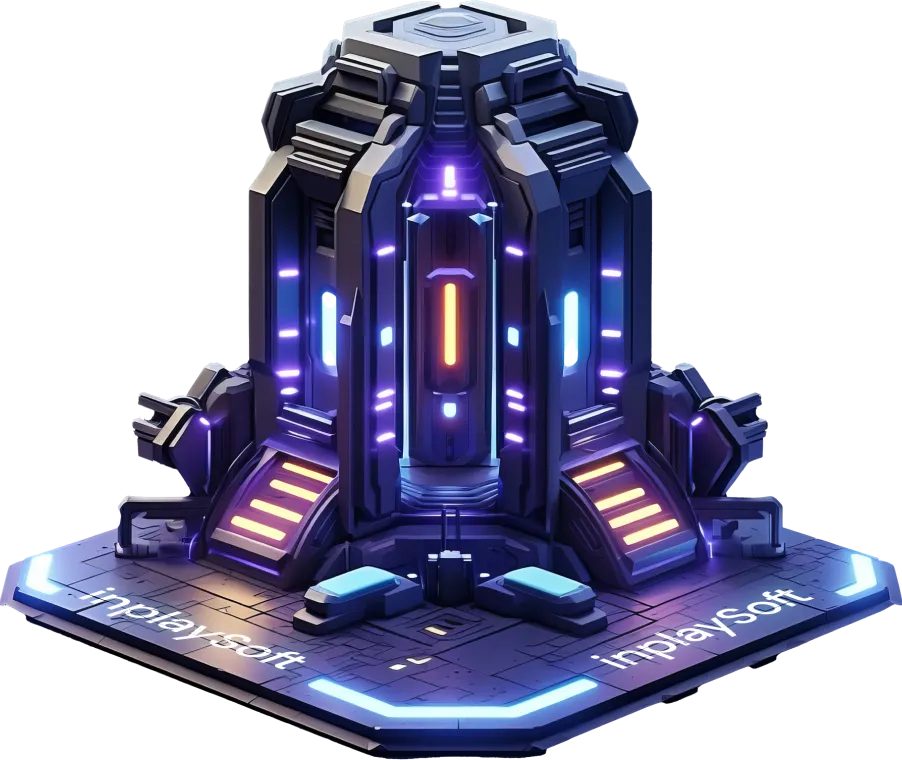 A futuristic, high-tech structure with neon lights in hues of blue, purple, and orange. The design is intricate with various geometric details. The base has 'inplaysoft' written on it twice, one on each side, illuminated by ambient lighting.