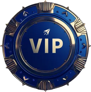 Una insignia VIP circular azul con detalles metálicos. La palabra "VIP" aparece destacada en el centro en letras blancas y en negrita, con el icono de un avión de papel justo encima del texto, símbolo de privilegio y exclusividad. La insignia tiene un borde decorativo detallado.