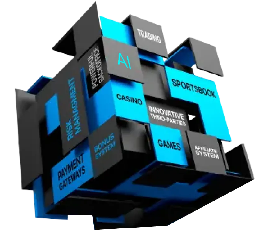 Um cubo 3D composto por blocos interligados é rotulado com texto, como IA, Gestão de Risco, Negociação, Apostas Desportivas, Casino, Terceiros Inovadores, Sistema de Afiliados, Gateways de Pagamento, Sistema de Bónus e Jogos. Os blocos são coloridos a preto e azul.