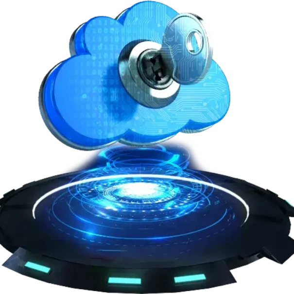 A digital illustration depicts a blue cloud icon with a circular lock mechanism in the center, symbolizing cloud security. Below, a futuristic holographic platform with glowing blue circuits indicates data transmission and protection.