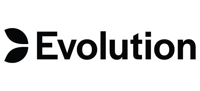 A logo with the word "Evolution" written in black font. To the left of the text is an abstract icon resembling a stylized, curved arrow or leaf design. The background is white.