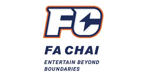 Un logotipo con las letras "FC" grandes y estilizadas y un rayo en la "C". Debajo aparecen las palabras "FA CHAI" en negrita y mayúsculas y el eslogan "ENTERTAIN BEYOND BOUNDARIES" en minúsculas y mayúsculas. El diseño incluye detalles en azul y naranja.