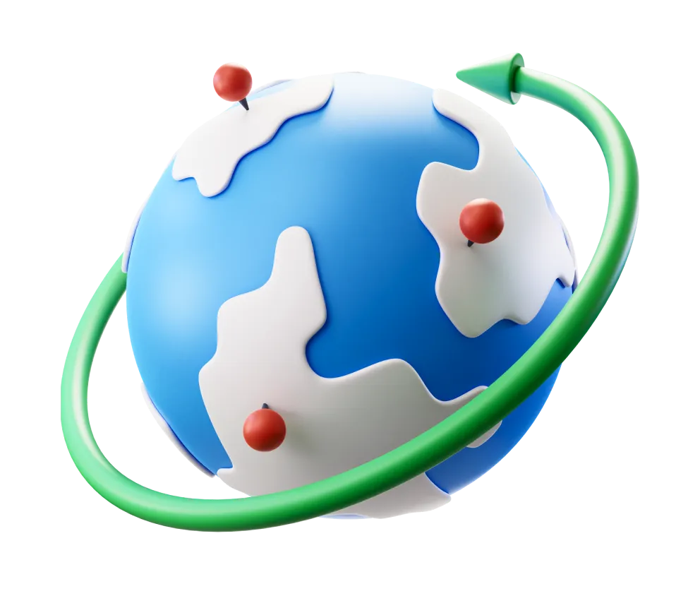 A 3D rendering of a blue and white globe with red location pins marking various spots. A green arrow encircles the globe diagonally, representing global connectivity or travel.