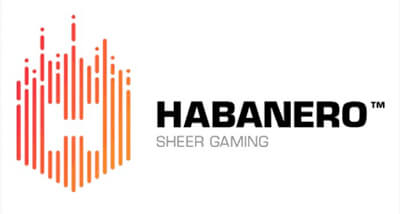 La imagen muestra el logotipo de Habanero, que consiste en un diseño abstracto formado por líneas verticales rojas y naranjas que forman una "H" en el lado izquierdo. A la derecha del diseño, el texto reza "Habanero" en letras negras negritas, seguido de "Sheer Gaming" en letra gris más pequeña.