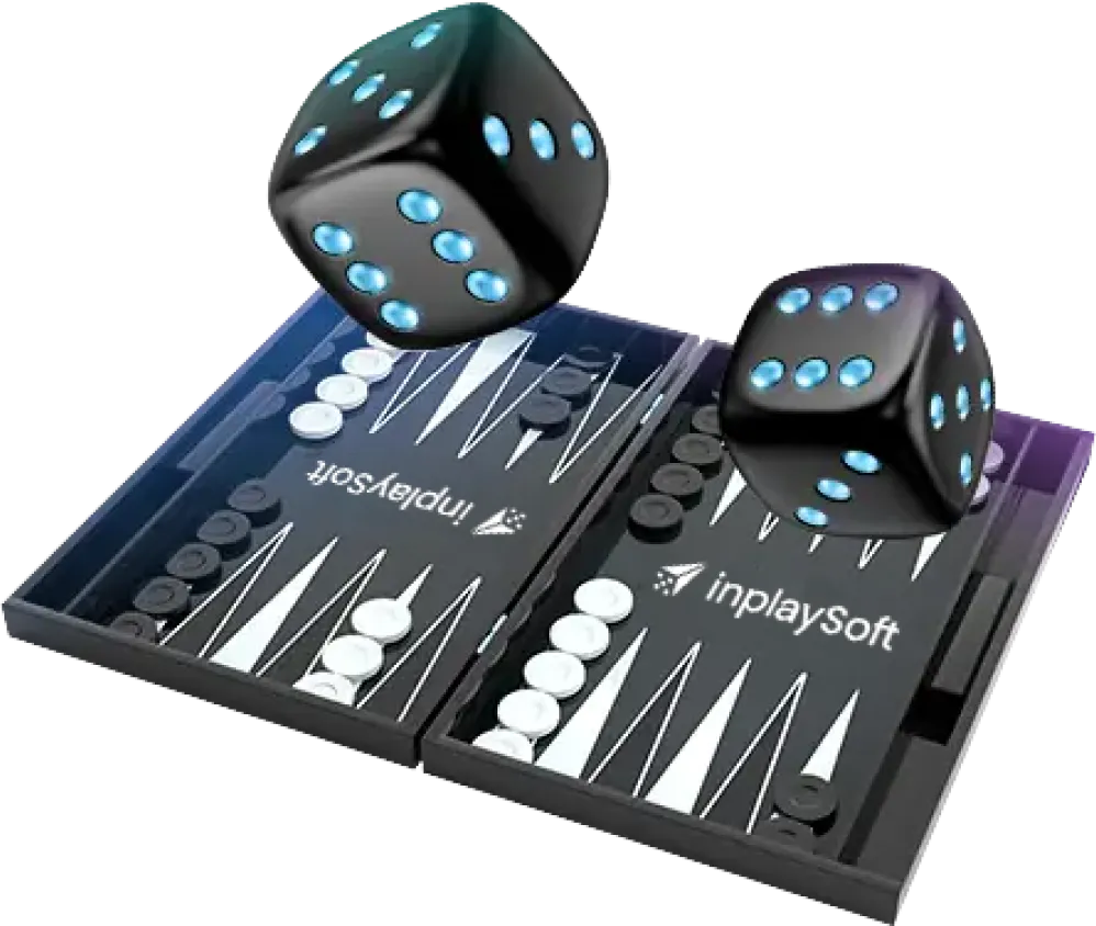 A 3D illustration of a backgammon game with black and white checkers on a backgammon board. Two black dice, each showing different numbers, are hovering above the board. The word "inplaySoft" is printed on the board.