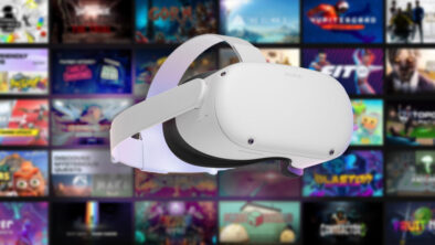 Um headset de realidade virtual Oculus branco está no centro da imagem, com um fundo desfocado de várias capas de jogos coloridas, exibindo vários títulos de jogos. O foco está principalmente no fone de ouvido de realidade virtual.