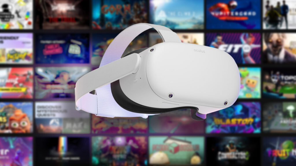 A white Oculus virtual reality headset is in the center of the image with a blurry background of various colorful game covers, showcasing numerous gaming titles. The focus is primarily on the VR headset.