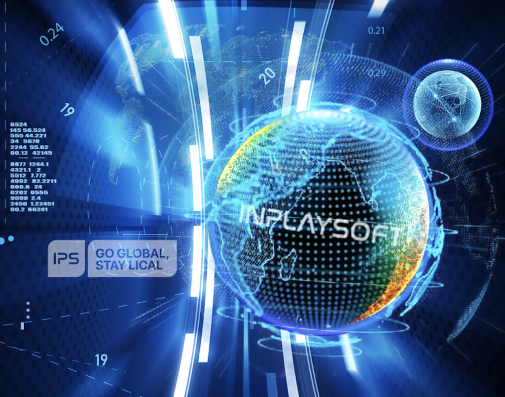 A futuristic digital image featuring a glowing globe with the text "INPLAYSOTT" and various computer-generated elements. Blue and white lines and graphics surround the globe. A rectangular logo reads "IPS GO GLOBAL, STAY LOCAL." Another sphere appears in the background.