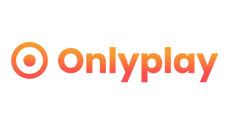 A imagem mostra o logótipo Onlyplay, composto pela palavra "Onlyplay" num tipo de letra sans-serif com gradiente de laranja e vermelho, com um ícone circular à esquerda que consiste num anel laranja em torno de um ponto central. O fundo é transparente.