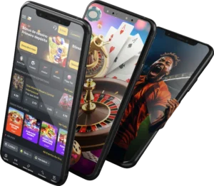 São apresentados três smartphones, cada um com ecrãs diferentes. O primeiro telefone mostra uma aplicação de casino com várias opções de jogo e promoções. O segundo telemóvel apresenta uma imagem de uma roleta e cartas de jogar. O terceiro telefone mostra um jogador de futebol a celebrar um golo.