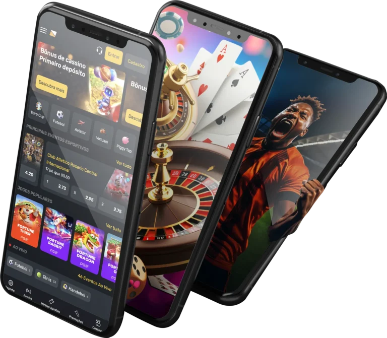 São apresentados três smartphones, cada um com ecrãs diferentes. O primeiro telefone mostra uma aplicação de casino com várias opções de jogo e promoções. O segundo telemóvel apresenta uma imagem de uma roleta e cartas de jogar. O terceiro telefone mostra um jogador de futebol a celebrar um golo.