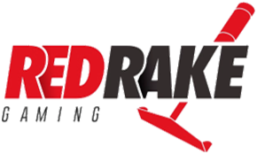 Logotipo da Red Rake Gaming com a palavra "RED" em letras vermelhas em negrito e "RAKE" em letras pretas em negrito. Há um pequeno gráfico de avião vermelho e branco apontando para cima no final do texto.