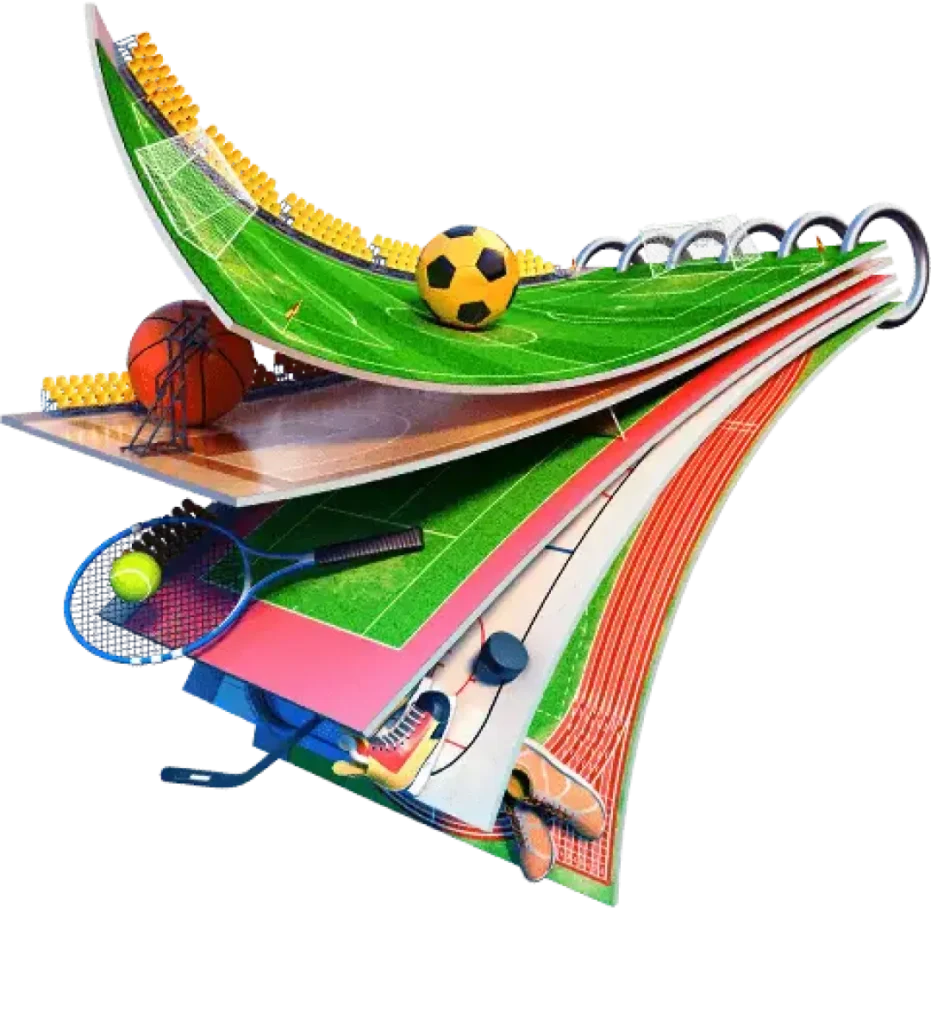 A dynamic digital illustration features various sports equipment and fields layered in a spiral. Items include a football, basketball, tennis racket, cricket bat, track, and field, highlighting the diversity of sports.