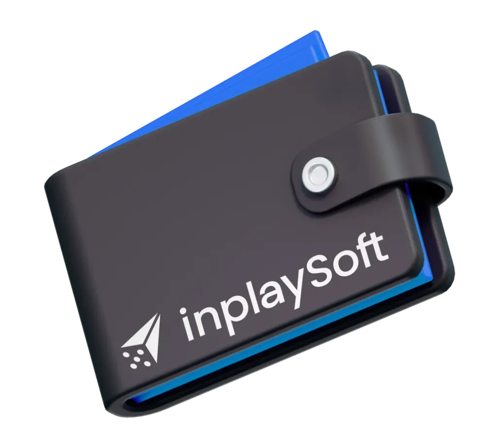 A digital illustration of a dark-colored wallet with a strap and button closure. The wallet features the logo and text "inplaySoft" on its front, with visible blue credit card slots inside.