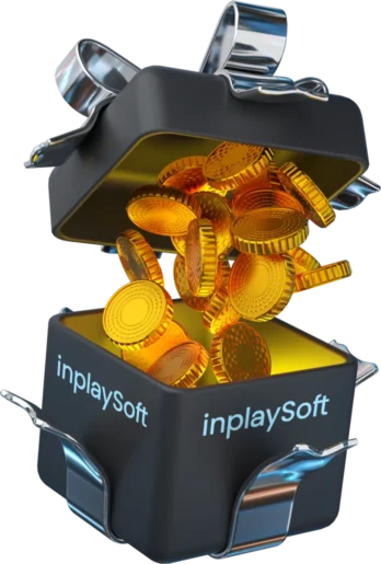 A black gift box with the word "inplaySoft" on it is partially open. Inside, numerous golden coins are spilling out. The box is adorned with a shiny, silver ribbon.