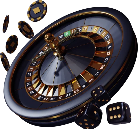 A close-up of a spinning roulette wheel with black and gold accents. The metal ball is landing on the green zero. Several poker chips and a couple of black dice with gold dots are scattered around the wheel.