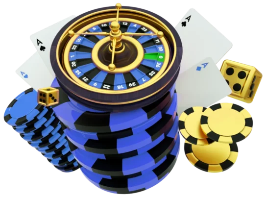 A roulette wheel sits atop a stack of blue and black poker chips. Surrounding the stack are more poker chips, a pair of dice, and two playing cards showing the Ace of Spades and the Ace of Clubs. The image exudes a casino gambling theme.