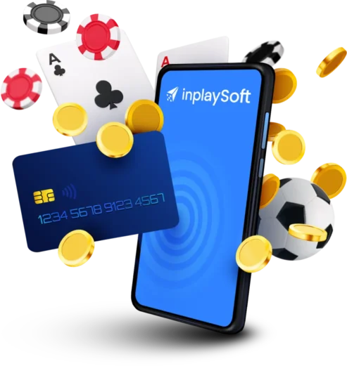 Um smartphone com o logótipo da inplaySoft está rodeado por elementos flutuantes, incluindo um cartão de crédito, moedas de ouro, fichas de póquer, cartas de jogar e uma bola de futebol. Os elementos sugerem temas de jogos e apostas em linha.